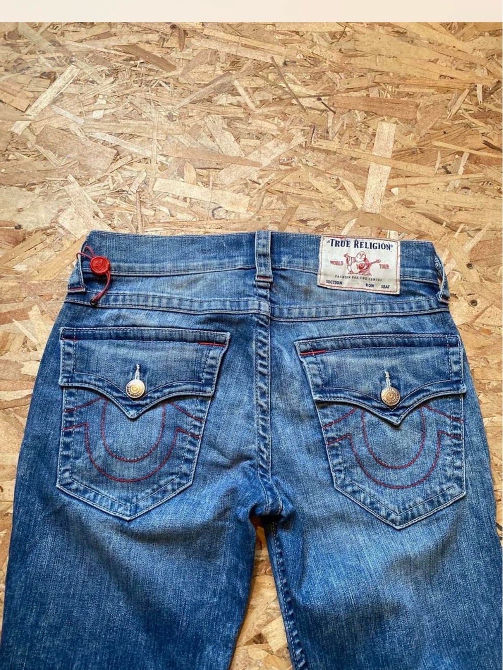 True Religion Men's Blue Denim Jeans with Red Stitching Accent
